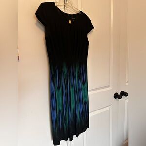 Tahari Black Midi Dress with Blue & Green Abstract Print